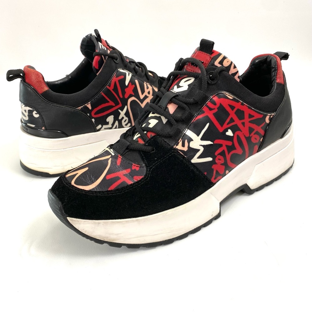 Michael Kors Womens Black Leather Graffiti Low Top Chunky Sneakers 8.5 M Lace Up